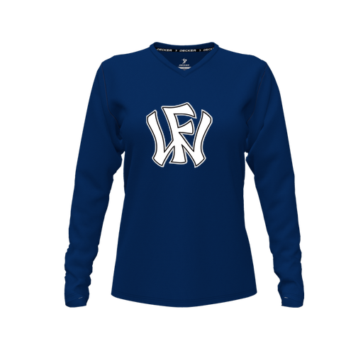 [CUS-DFW-TEES-CMF-VNK-LSL-NVY-FYXS-LOGO2] Comfort T-Shirt (Female Youth XS, Navy, V Neck, Logo 2, Long Sleeve)