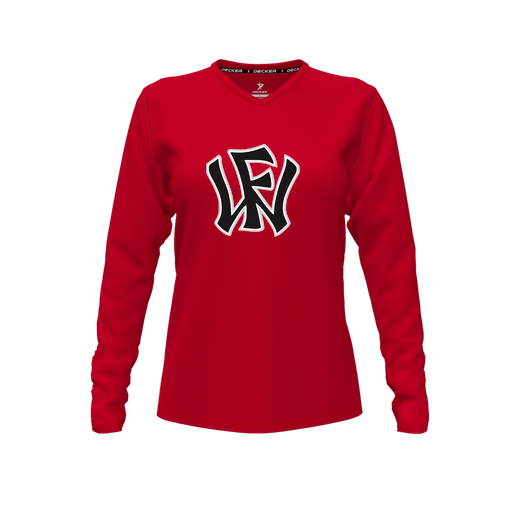 [CUS-DFW-TEES-CMF-VNK-LSL-RED-FYXS-LOGO1] Comfort T-Shirt (Female Youth XS, Red, V Neck, Logo 1, Long Sleeve)