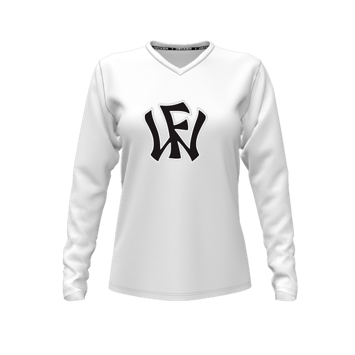 [CUS-DFW-TEES-PER-VNK-LSL-WHT-FYXS-LOGO1] Performance T-Shirt (Female Youth XS, White, V Neck, Logo 1, Long Sleeve)