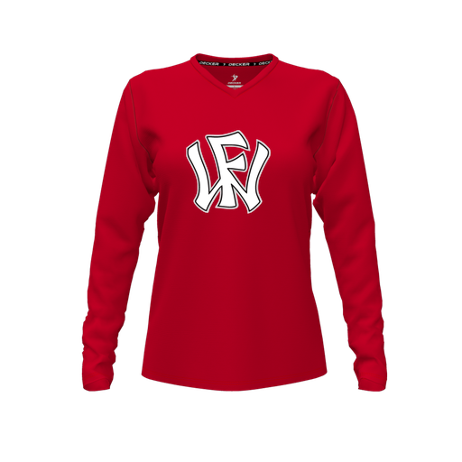 [CUS-DFW-TEES-PER-VNK-LSL-RED-FYXS-LOGO2] Performance T-Shirt (Female Youth XS, Red, V Neck, Logo 2, Long Sleeve)