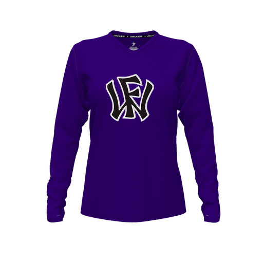 [CUS-DFW-TEES-PER-VNK-LSL-PUR-FYXS-LOGO1] Performance T-Shirt (Female Youth XS, Purple, V Neck, Logo 1, Long Sleeve)